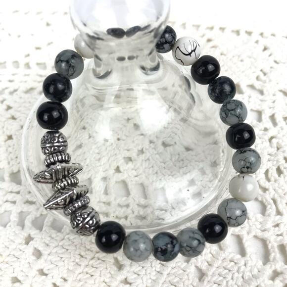 Bracelet Marble Glass Bead Stretch Gray Black - Picture 1 of 2